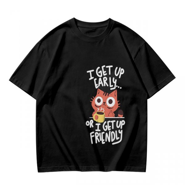 Olive t-shirt with funny cat coffee early morning quote