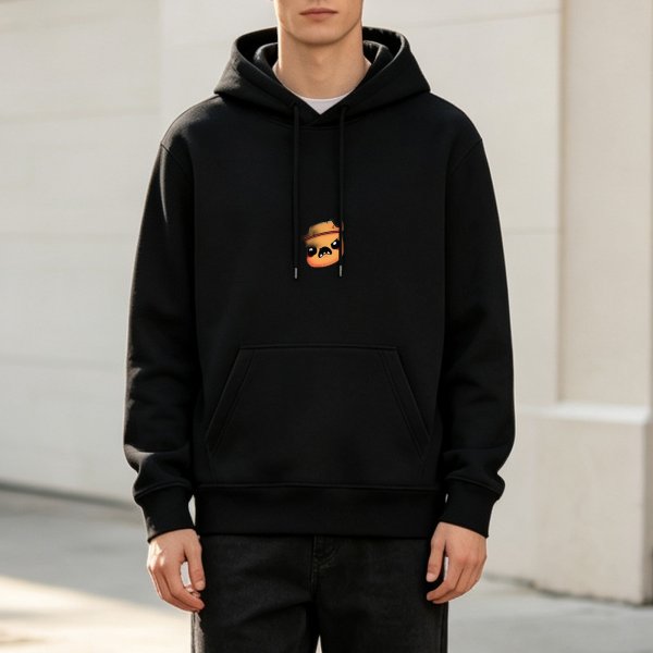 Black hoodie with cute cartoon character graphic on chest