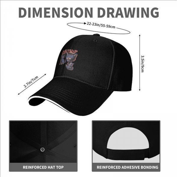 Black baseball cap with 'My First Catnip' and cat graphic print
