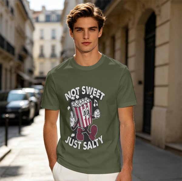 Olive T-Shirt with 'Not Sweet Just Salty' Cartoon Popcorn Print