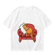 Olive green t-shirt with a sleeping orange cat on a red armchair print