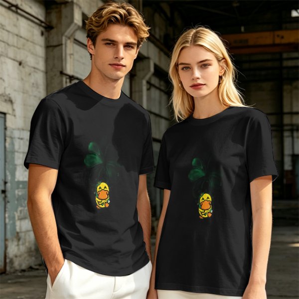 Olive T-shirt with Cute Duck Holding Four-Leaf Clover Print