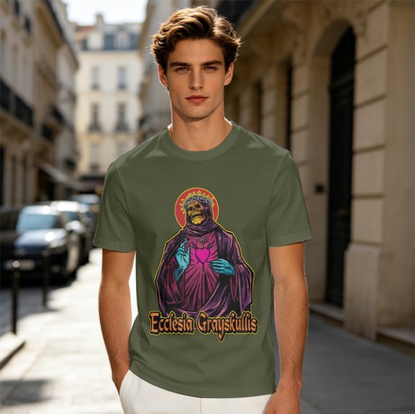 Olive t-shirt with skeleton religious graphic and Ecclesia Grayskullis text