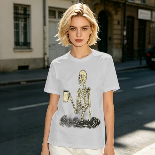Olive Skeleton Holding Coffee Mug In Water Graphic T-Shirt