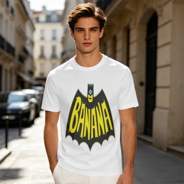 Olive green t-shirt with banana bat logo graphic