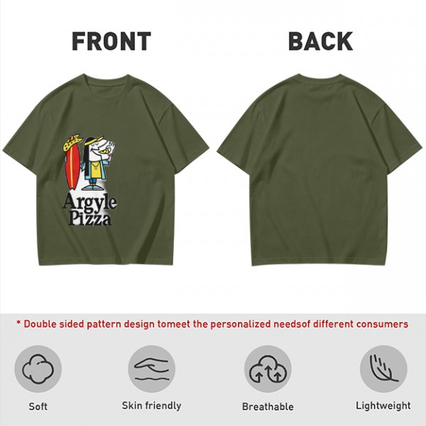 Olive T-Shirt with Surfer Pizza Character and Argyle Pizza Print
