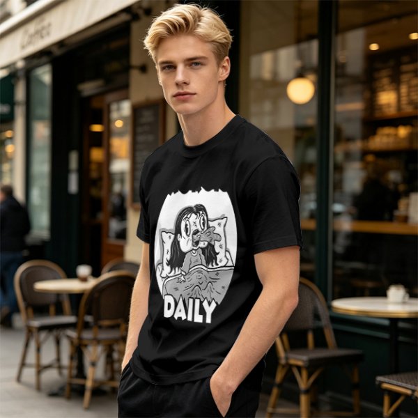 Olive green graphic t-shirt with bedridden cartoon girl and 'DAILY' text