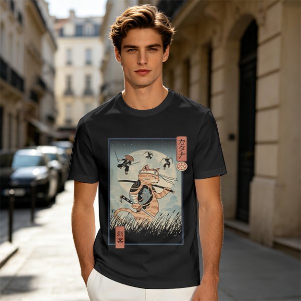 Samurai Cat Fighting Ninjas Ukiyo-e Style Graphic T-Shirt