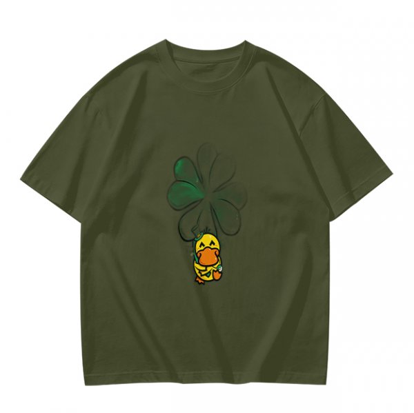Olive T-shirt with Cute Duck Holding Four-Leaf Clover Print
