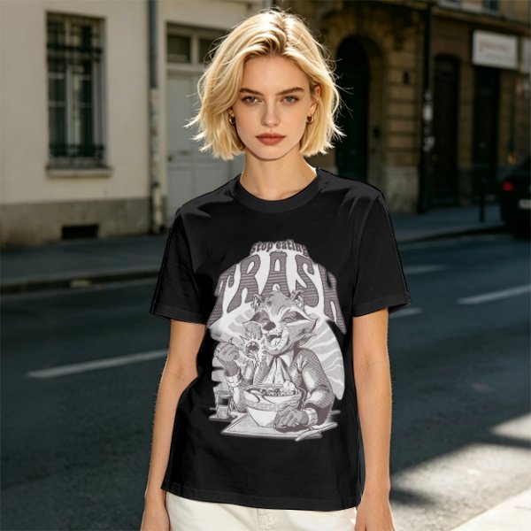 Olive graphic t-shirt with raccoon eating and 'Stop eating TRASH' print