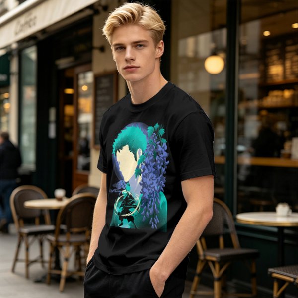 Anime Character Silhouette Wisteria Floral Graphic Olive T-Shirt