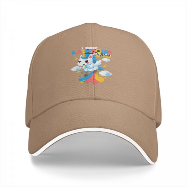 Black baseball cap with playful unicorn rainbow poop graphic