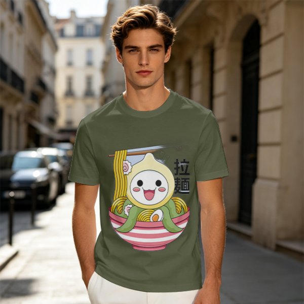 Owl-like character in ramen bowl graphic olive green t-shirt