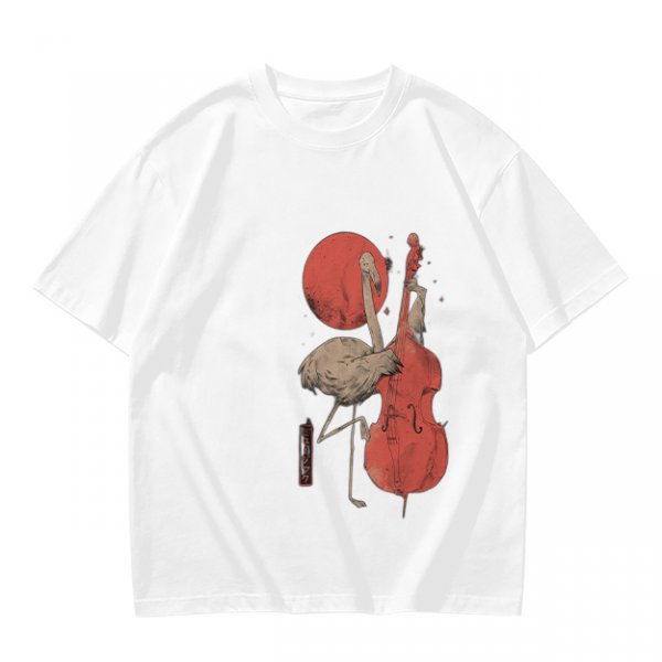 Olive T-Shirt With Crane Playing Cello Red Moon Art Print