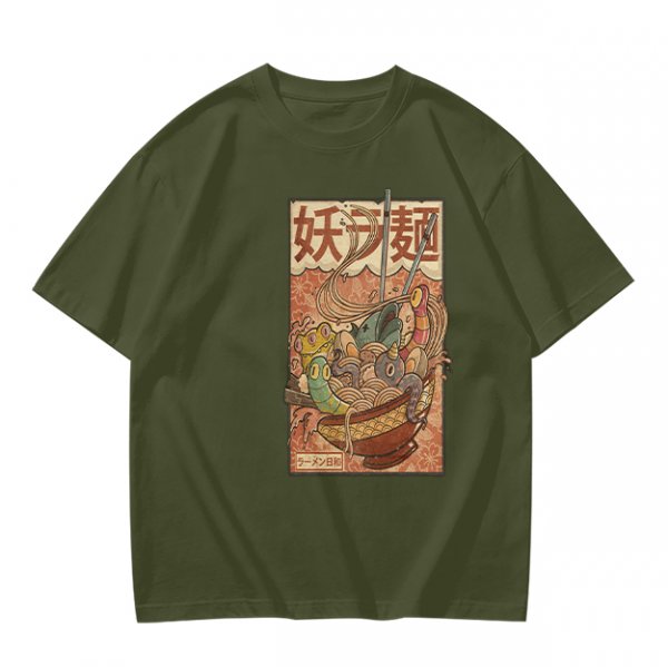 Olive T-shirt with Vintage Yokai Ramen Bowl Graphic Print