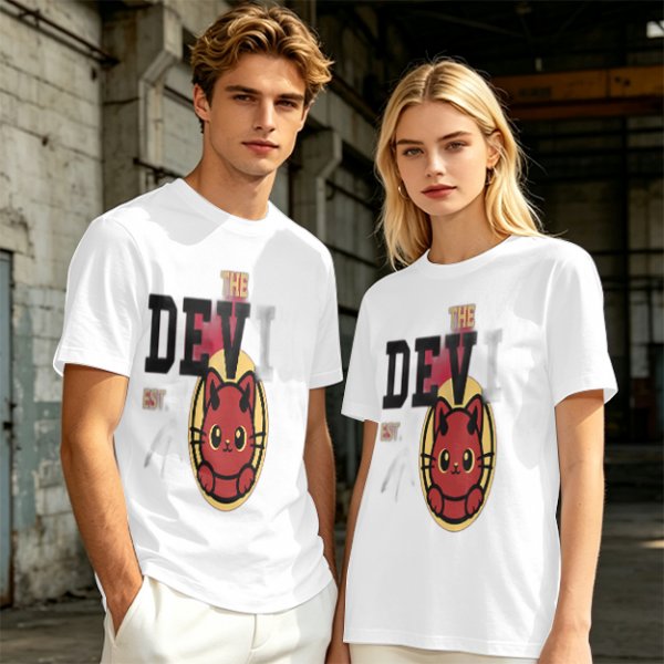 Olive T-Shirt with Red Devil Cat Graphic and The Dev Print