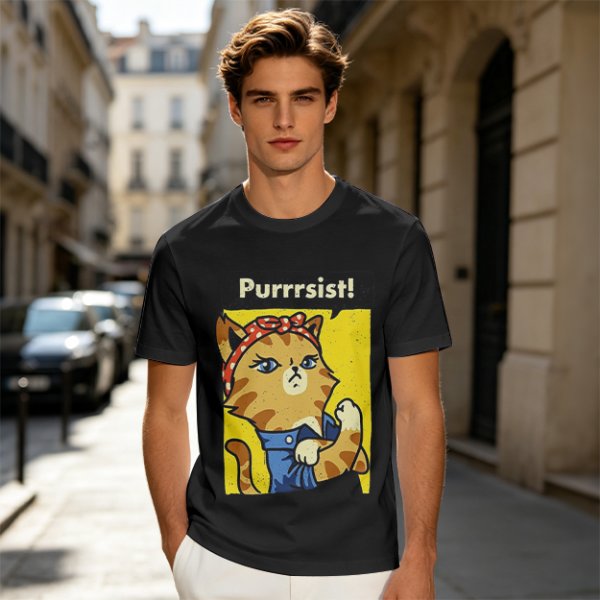 Olive green t-shirt with a cat in a Rosie the Riveter pose and 'Purrrsist!' text