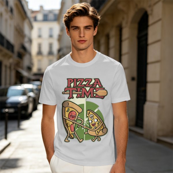 Olive green pizza graphic t-shirt with playful pizza slice characters