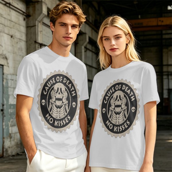Olive T-shirt with 'Cause of Death No Kisses' Skeleton Graphic