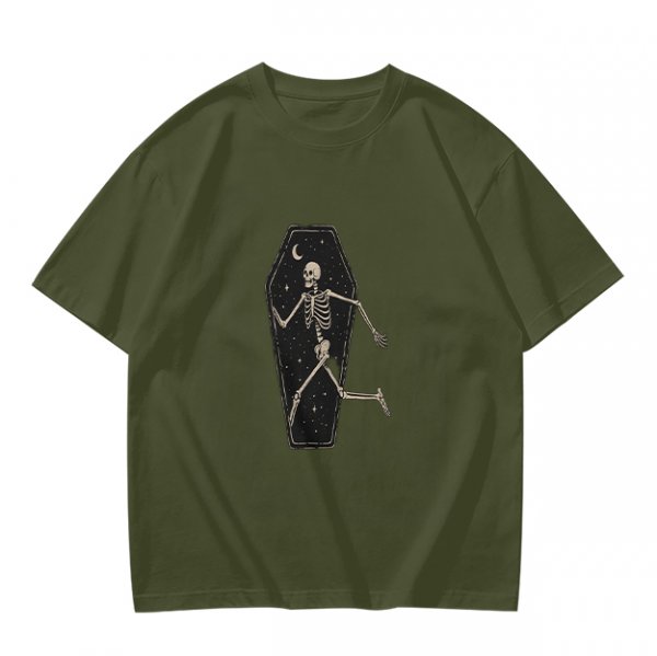 Olive t-shirt with skeleton running from starry coffin graphic