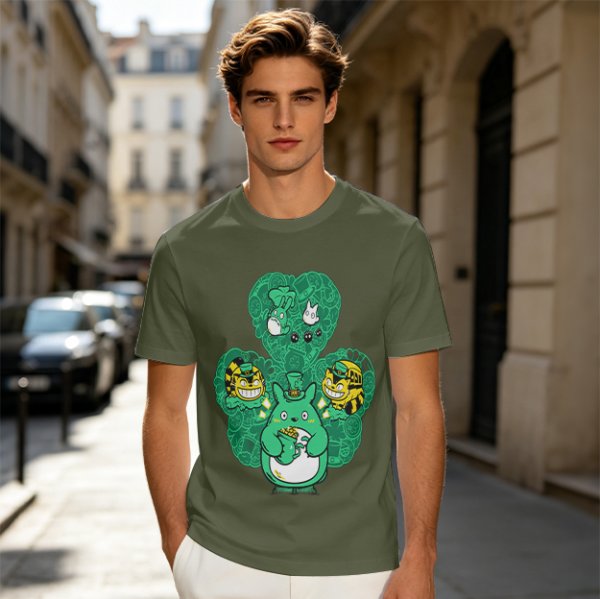 Olive Green T-Shirt With Studio Ghibli Clover Graphic Print