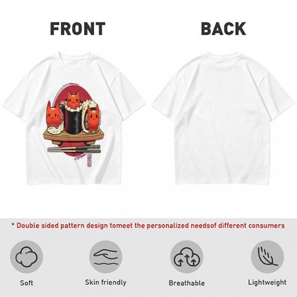 Olive t-shirt with cute cat sushi characters on a wooden platter