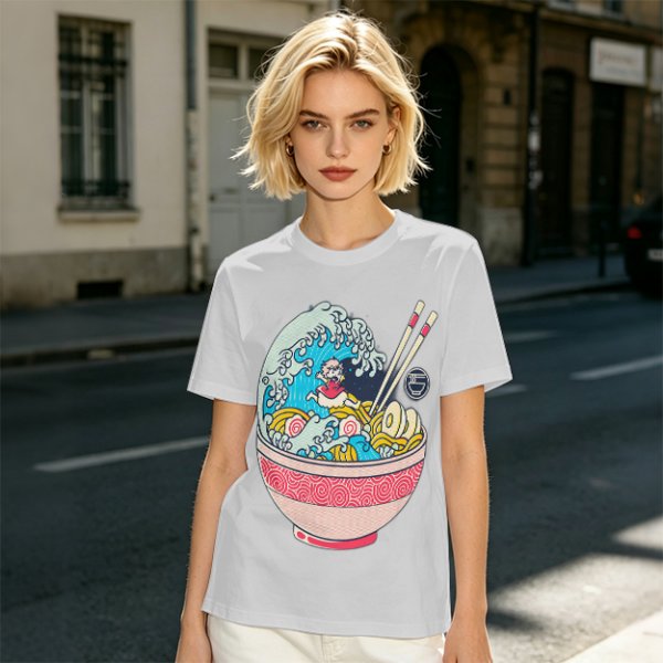 Olive T-shirt with Great Wave Ramen Bowl Graphic Design