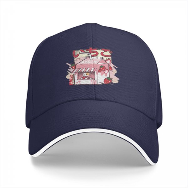 Black baseball cap with cute strawberry milk carton cat graphic