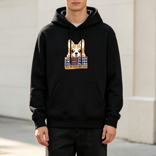 Black hoodie with corgi graphic and 'I'll Be Watching You' snack text
