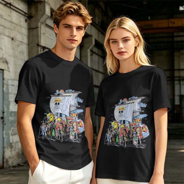 Olive T-Shirt with One Piece Straw Hat Pirates Crew and Ship Print