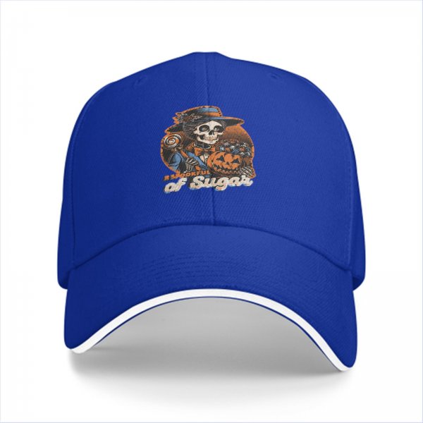 Black baseball cap with spooky sugar skeleton pumpkin graphic