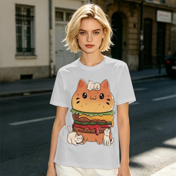 Olive T-Shirt With Cute Cat Burger And Kittens Print