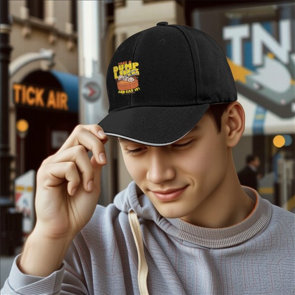 Black baseball cap with take a dumpling and eat it cute food graphic