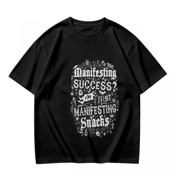 Olive T-Shirt With Funny Manifesting Snacks Success Quote Print