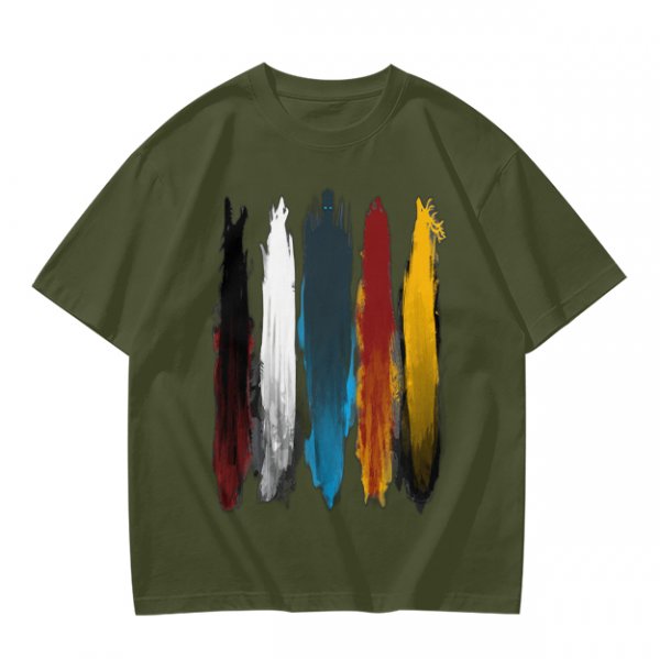 Olive Green T-Shirt With Vertical Colorful Brushstroke Figure Art