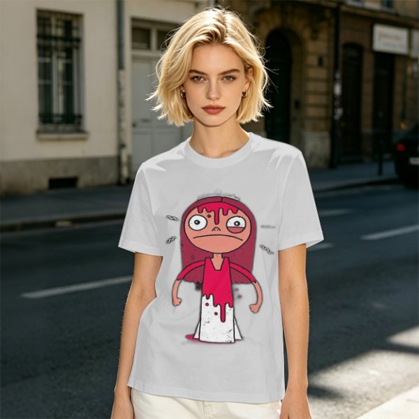 Olive Green T-Shirt With Creepy Cartoon Girl Print
