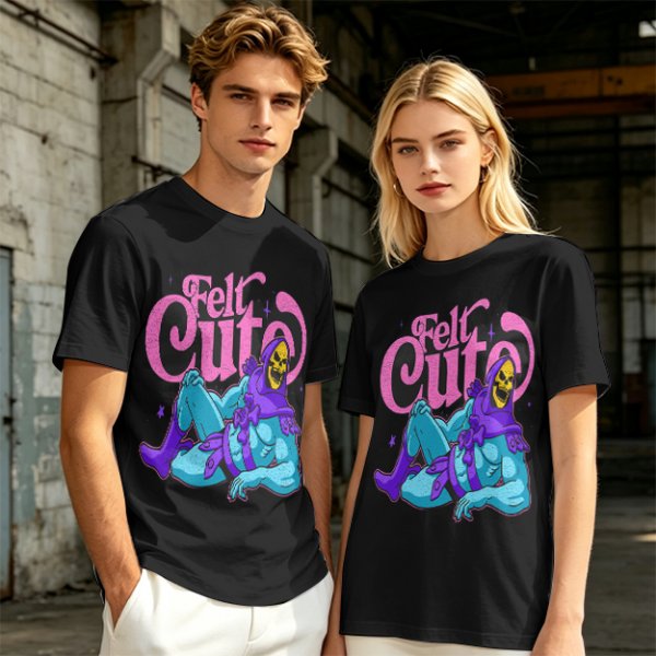 Olive t-shirt with 'Felt Cute' Skeletor graphic print