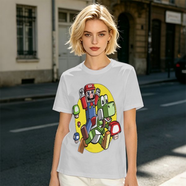 Olive T-shirt with Block Style Mario Riding Yoshi and Mushroom Graphics