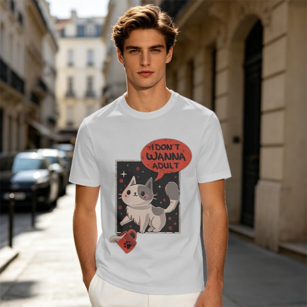 Olive cat graphic t-shirt with 'I don't wanna adult' print
