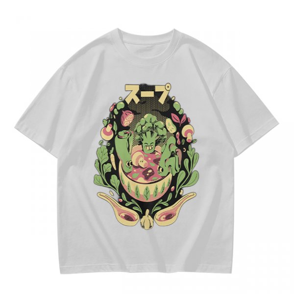 Olive green t-shirt with playful vegetable soup graphic print