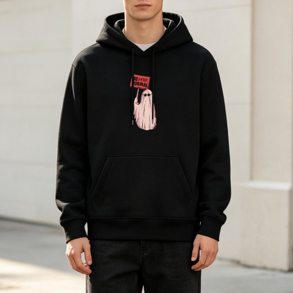 Black hoodie with a ghost holding a 'Be Paranormal' sign