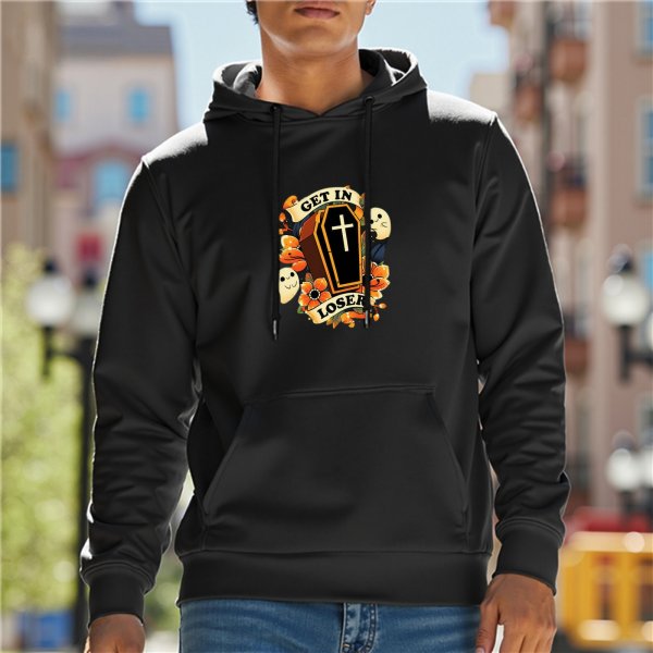 Black hoodie with coffin ghost floral 'Get In Loser' graphic