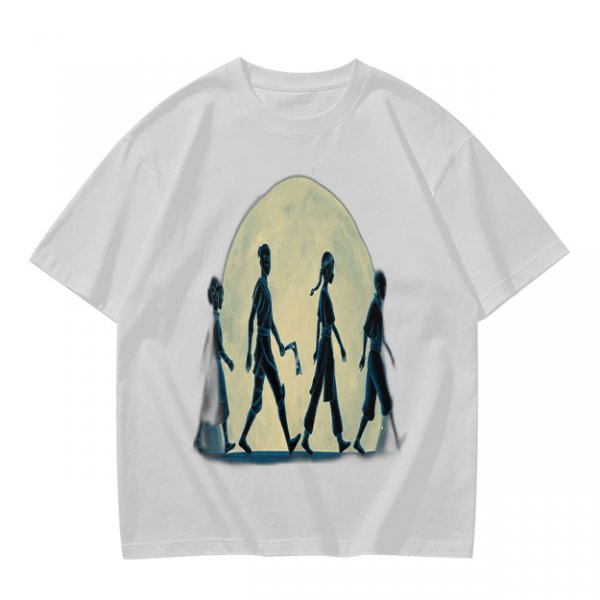 Olive T-shirt with Walking Silhouettes Under a Large Moon