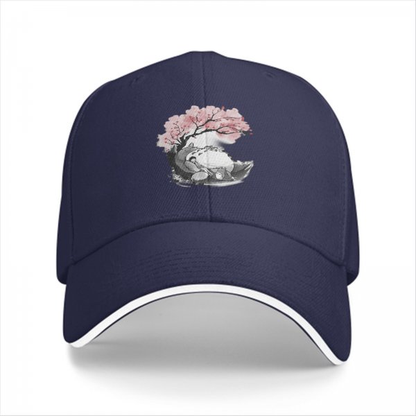 Black Baseball Cap with Cherry Blossom Tree and Whimsical Creature Print
