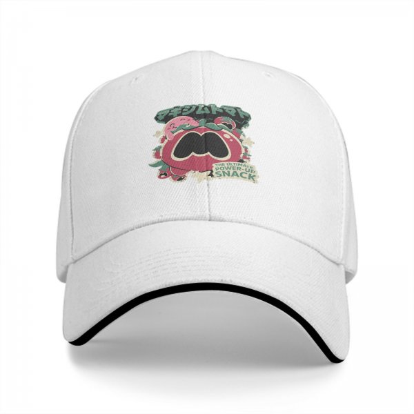 Black baseball cap with tomato power-up snack graphic