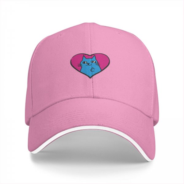 Black Baseball Cap With Blue Cat In Pink Heart Graphic