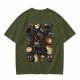 Olive T-Shirt With Cute Black Cats And Coffee Themed Print