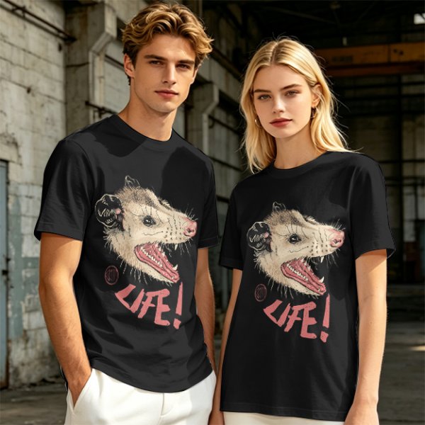 Olive T-Shirt With Aggressive Opossum 'LIFE!' Graphic Print