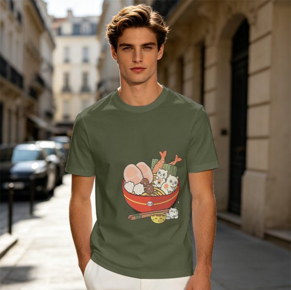 Olive T-Shirt With Cute Cat Ramen Bowl Graphic Print