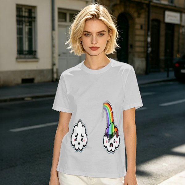 Oversized Olive T-Shirt With Sad Clouds And Rainbow Drip Graphic